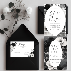 Black & white floral wedding invitation suite