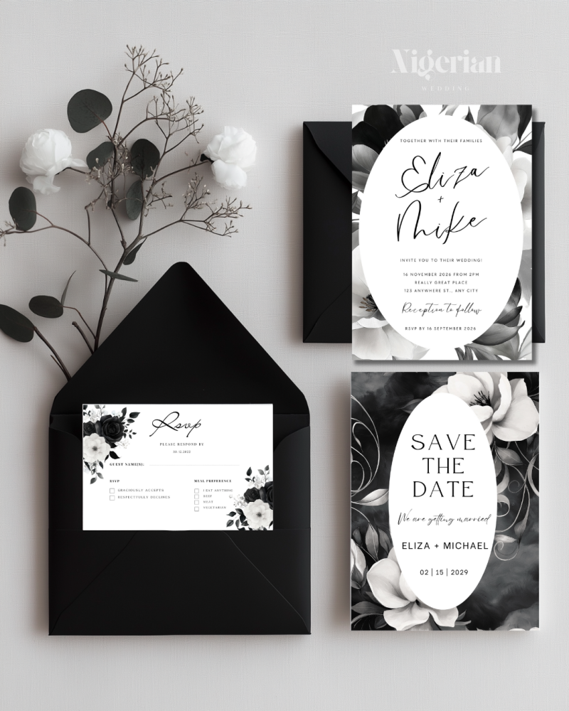 Black & white floral wedding invitation suite