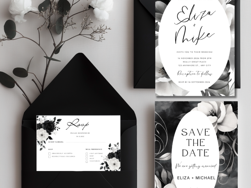 Black & white floral wedding invitation suite