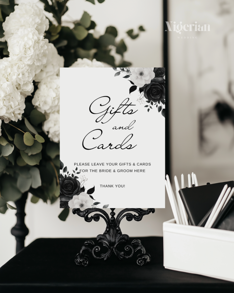 Black & white floral wedding signage gifts and cards