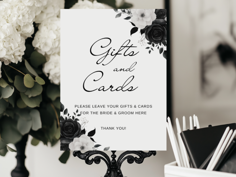 Black & white floral wedding signage gifts and cards