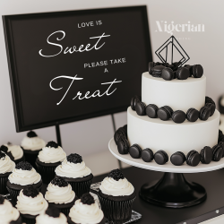 Black & white wedding dessert table decor love is sweet take a treat