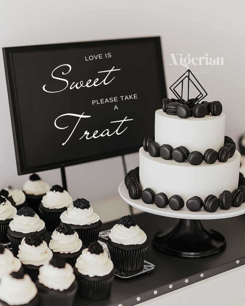 Black & white wedding dessert table decor love is sweet take a treat