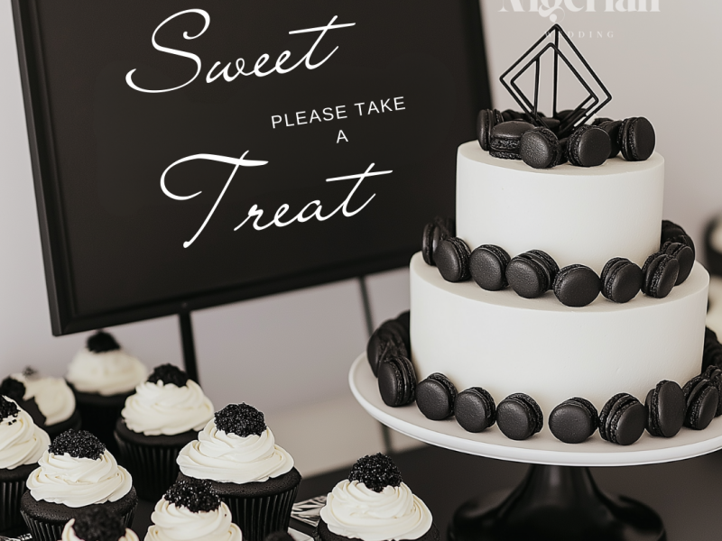 Black & white wedding dessert table decor love is sweet take a treat