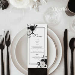 Black & white wedding table decor floral menu card