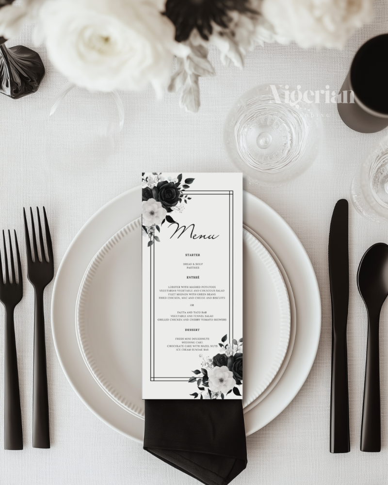 Black & white wedding table decor floral menu card