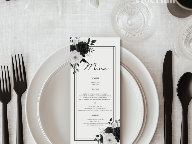 Black & white wedding table decor floral menu card